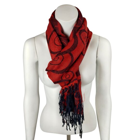 Womens Red and Black Geometric Patterned Pashmina Scarf With Fringe - Picture 4 of 5